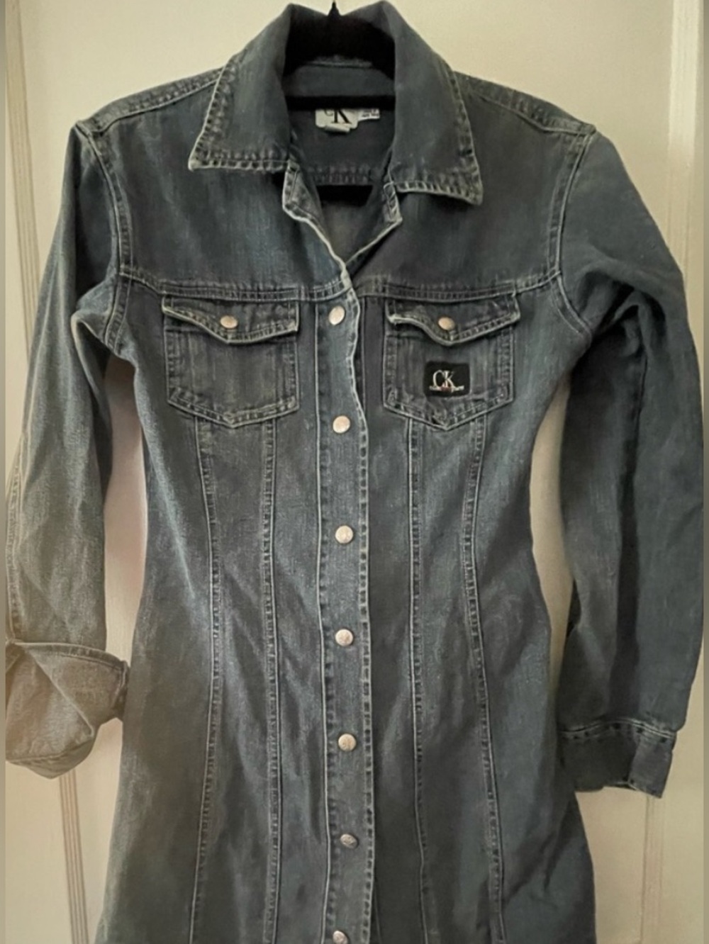 Calvin Klein Vintage Y2K Denim snap button long sleeve Midi Jean Dress Womens 8